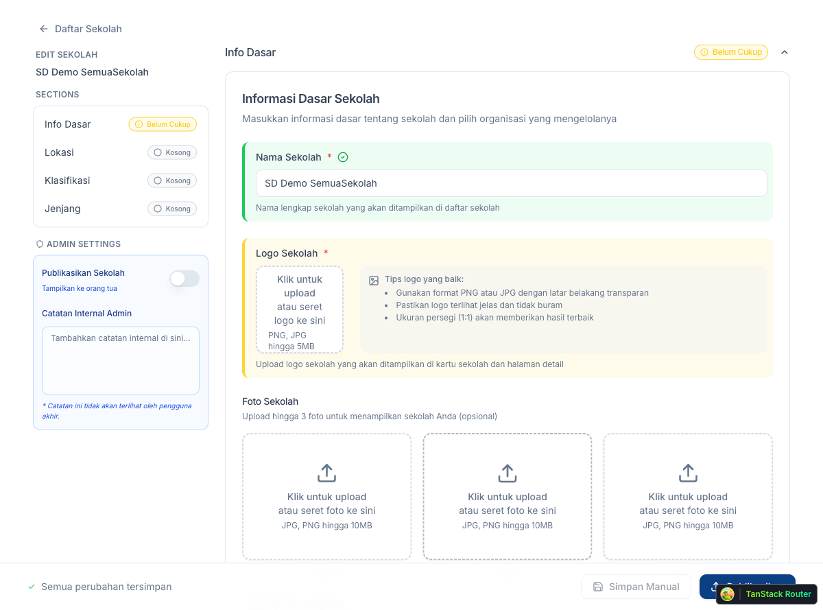 Publish button active after all sections complete